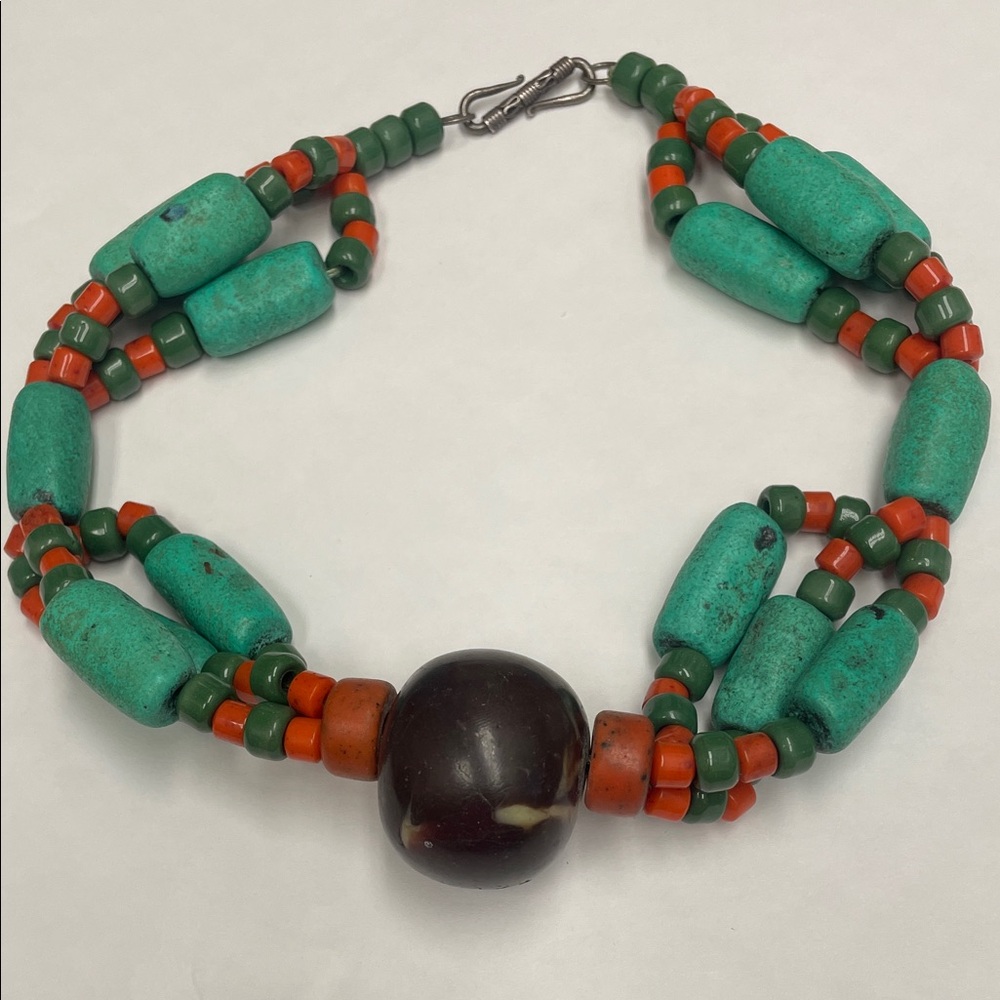 Moroccan Berber Turquoise and Coral color Beaded Necklace